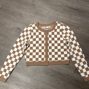 Hollister Brown Cream Checkerboard Button Cardigan XL Cozy Knit